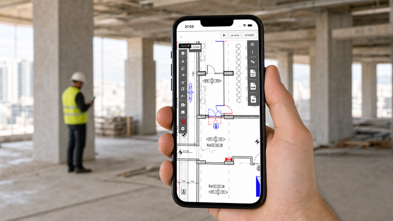 A construction professional using the ShapeDo mobile app to review a floor plan on site